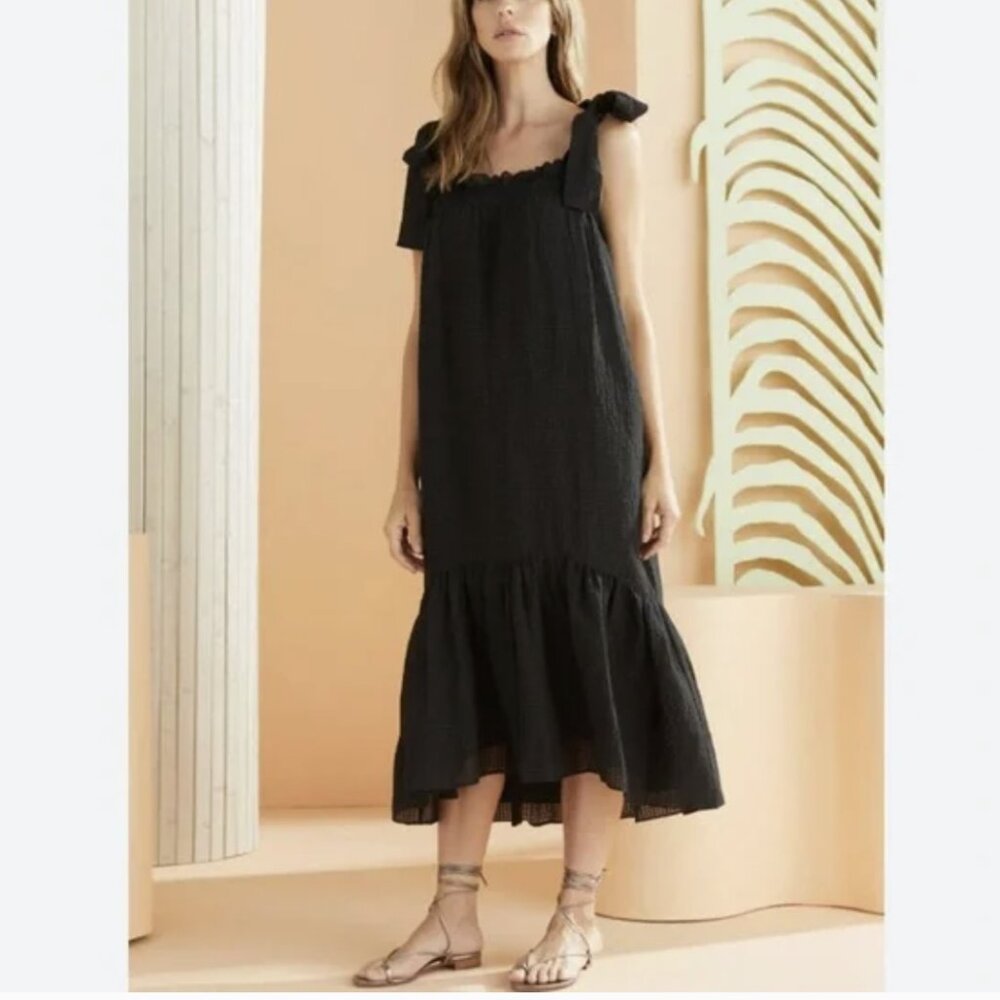 Marie Oliver Maya Midi Dress Black Linen Silk Tie Strap Tiered Textured Size XS